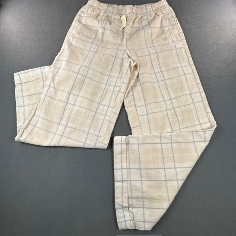 NWT Offline by Aerie Women's Beige Tan Plaid Wide Leg Elastic Waist Pants SM
